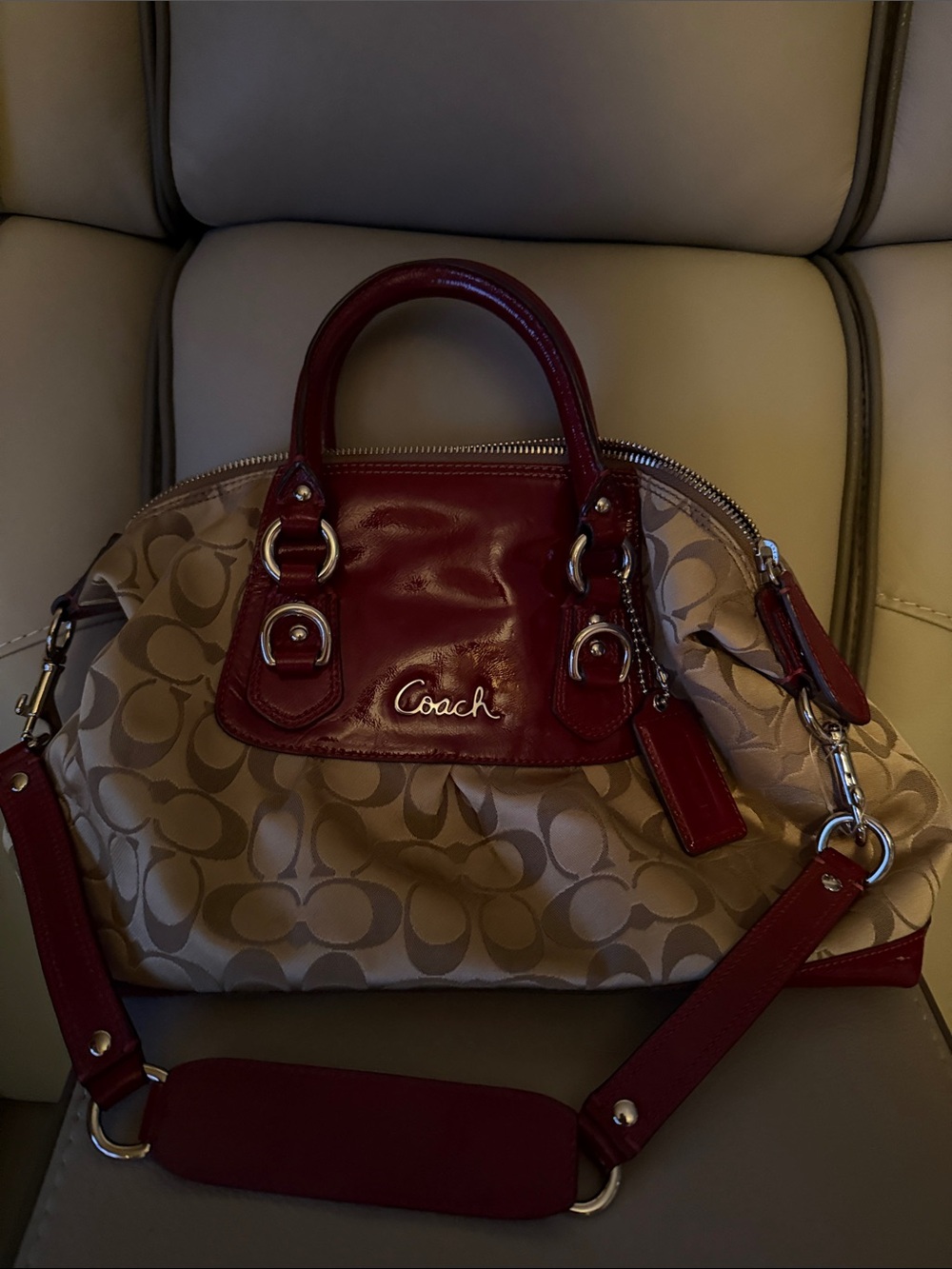 Coach Beige Signature Canvas Satchel with Red Leather Trim